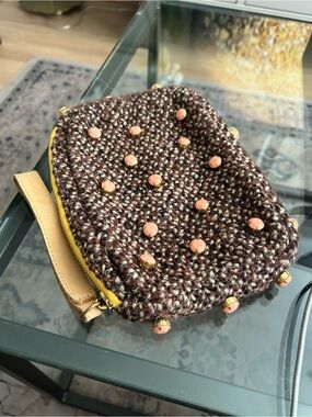 Anthropologie Miss Albright Brown Tweed Beaded Wristlet with Peach Accents